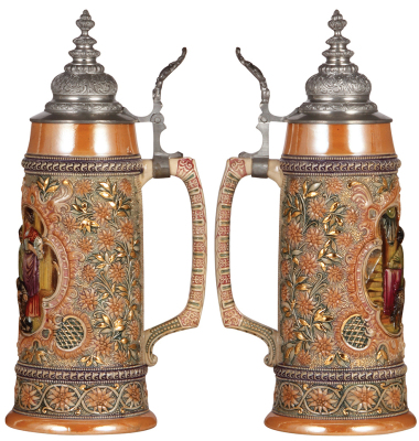 Three Diesinger steins, pottery, 1.0L, 590, relief, pewter lid, faint hairline on base, handle repair; with, 1.0L, 198, relief, pewter lid; with, 1.0L, threading & relief, pewter lid, pewter dented & loose, glaze browning. - 3