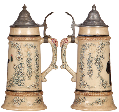 Three Diesinger steins, pottery, 1.0L, 590, relief, pewter lid, faint hairline on base, handle repair; with, 1.0L, 198, relief, pewter lid; with, 1.0L, threading & relief, pewter lid, pewter dented & loose, glaze browning. - 4