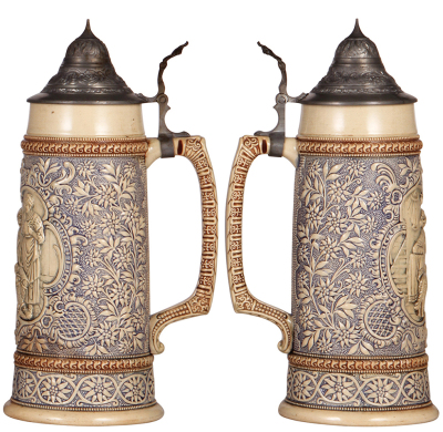 Three Diesinger steins, pottery, 1.0L, relief, 564, pewter lid, pewter tear; with, 1.0L, threading & relief, pewter lid, browning; with, 1.0L, 198, relief, pewter lid, very good condition. - 4