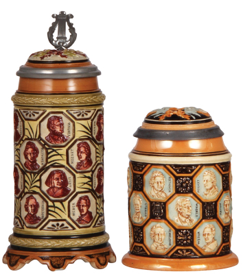 Two pottery steins, .5L, relief, marked 1279, composers, inlaid lid; with, .5L, relief, marked 1278, composers, inlaid lid, missing thumblift, otherwise both are in very good condition.