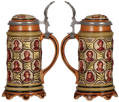 Two pottery steins, .5L, relief, marked 1279, composers, inlaid lid; with, .5L, relief, marked 1278, composers, inlaid lid, missing thumblift, otherwise both are in very good condition. - 2