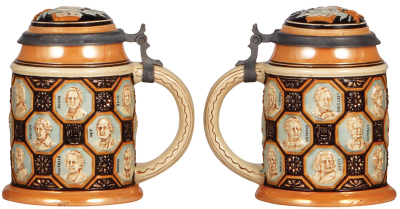 Two pottery steins, .5L, relief, marked 1279, composers, inlaid lid; with, .5L, relief, marked 1278, composers, inlaid lid, missing thumblift, otherwise both are in very good condition. - 3