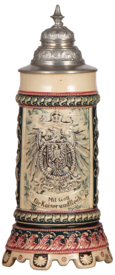 Pottery stein, .5L, relief, marked 35, by Diesinger, Eagle, Mit Gott für Kaiser und Reich, music box base, pewter lid, very good condition.