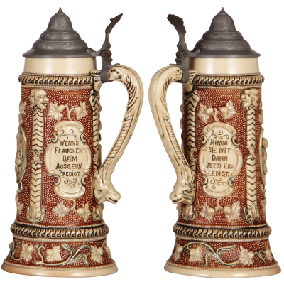 Three Diesinger steins, pottery, 1.0L, 564, relief, pewter lid, very good condition; with, 1.0L, threading & relief, pewter lid, 1.5" hairline on base; with, 1.0L, 662, relief, faint hairline on base, pewter lid, pewter tear. - 4