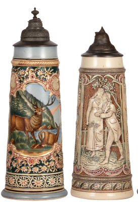 Two Diesinger steins, pottery, 2.0L, 16.1" ht., 183, transfer & hand-painted with relief, pewter lid, 1" hairline on top rim; with, 2.0L, 14.6" ht., 102, relief, pewter lid, very good condition.