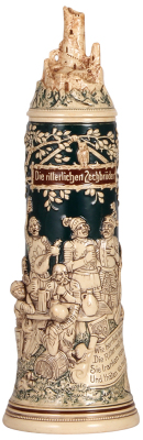 Pottery stein, 1.5L, 16.3" ht., relief, marked 1624, by Reinhold Hanke, figural lid: castle tower, mint.