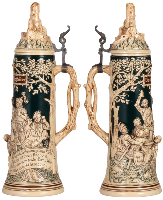 Pottery stein, 1.5L, 16.3" ht., relief, marked 1624, by Reinhold Hanke, figural lid: castle tower, mint. - 2