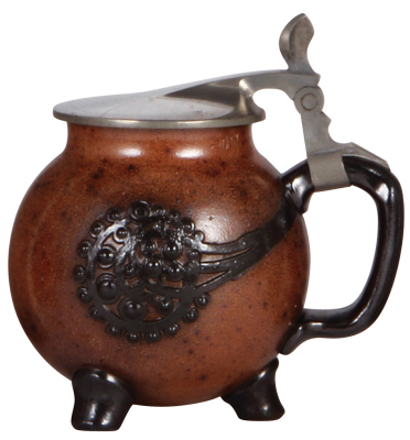 Stoneware stein, .5L, relief, marked 1757, by Reinhold Merkelbach, design by R. Riemerschmid, brown saltglaze, pewter lid, mint.