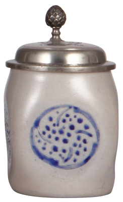 Stoneware stein, .5L, relief, marked 1741, made by R. Merkelbach, designed by R. Riemerschmid, incised, blue saltglaze, Art Nouveau, pewter lid, mint.