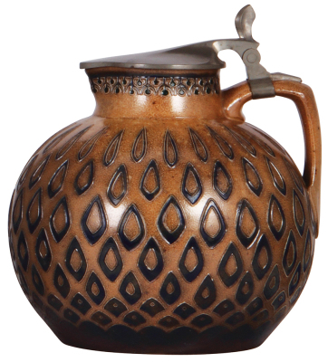 Stoneware stein, 2.0L, 8.7'' ht., relief, marked 1769, made by Reinhold Merkelbach, design by R. Riemerschmid, brown & blue saltglaze, pewter lid, mint.