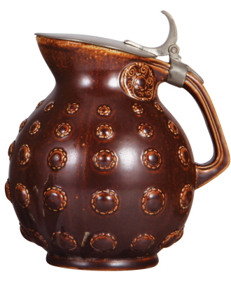 Stoneware stein, 2.0L, 10.0'' ht., relief, marked 2110, made by Reinhold Merkelbach, designed by Paul Wynand, brown saltglaze, Art Nouveau, pewter lid, mint.