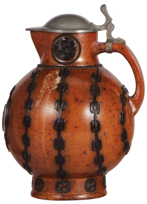 Stoneware stein, 11.8'' ht., relief, marked 2111, made by Reinhold Merkelbach, designed by Paul Wynand, brown saltglaze, Art Nouveau, pewter lid, glaze flaw on side.