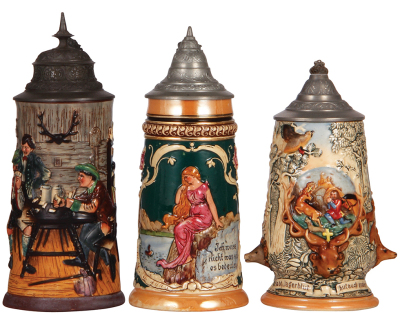Three pottery steins, .5L, relief, marked 398, 233, 1274, pewter lids, all in good condition.