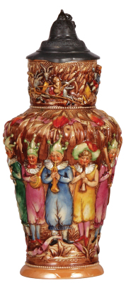 Diesinger stein, pottery, 2.5L, 13.7" ht., 745, relief, clown musicians, pewter lid, minor dents on edge of lid & tear on side of lid, otherwise very good condition.