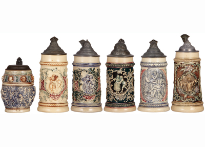 Six Diesinger steins, pottery, all have lids, .5L, relief, metal lid; with, .5L, 45, relief, hairlines under base, pewter repair; with, .5L, 45, relief; with, .5L, 45, relief, pewter tear repair; with, .4L, relief, factory firing lines on base, most in go