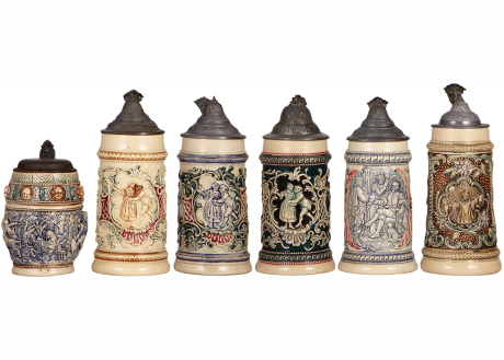 Six Diesinger steins, pottery, all have lids, .5L, relief, metal lid; with, .5L, 45, relief, hairlines under base, pewter repair; with, .5L, 45, relief; with, .5L, 45, relief, pewter tear repair; with, .4L, relief, factory firing lines on base, most in go