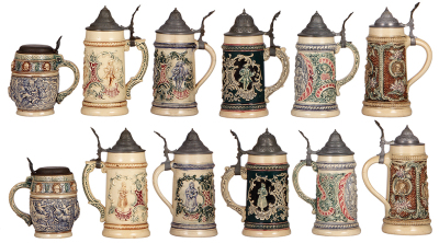 Six Diesinger steins, pottery, all have lids, .5L, relief, metal lid; with, .5L, 45, relief, hairlines under base, pewter repair; with, .5L, 45, relief; with, .5L, 45, relief, pewter tear repair; with, .4L, relief, factory firing lines on base, most in go - 2