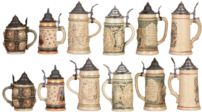 Six Diesinger steins, pottery, all have pewter lids, .5L, relief, pewter tear; with, .25L, 184, threading; with, .5L, relief, pewter tear; with, .5L, 40, relief; with, .5L, 586, relief, pewter strap loose; with .5L, relief, most in very good condition. - 2