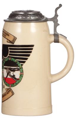 Third Reich stein, 1.0L, pottery, Uffz. Korps. der 4. [M.G.] Komp., Inft. Regt. 39, 1938, pewter lid with relief helmet with swastika, rare, mint. A DETAILED PHOTO OF THE BODY & THE LID IS AVAILABLE, PLEASE EMAIL YOUR REQUEST. - 2