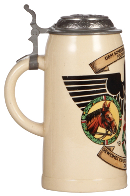 Third Reich stein, 1.0L, pottery, Uffz. Korps. der 4. [M.G.] Komp., Inft. Regt. 39, 1938, pewter lid with relief helmet with swastika, rare, mint. A DETAILED PHOTO OF THE BODY & THE LID IS AVAILABLE, PLEASE EMAIL YOUR REQUEST. - 3