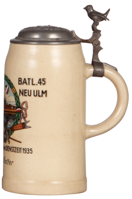 Third Reich stein, 1.0L, pottery, 1. Komp. Pion. Batl. 45, Neu Ulm, 1935, owner's name, relief pewter lid with helmet with swastika, very good repair of small pewter tear. A DETAILED PHOTO OF THE BODY & THE LID IS AVAILABLE, PLEASE EMAIL YOUR REQUEST. - 2