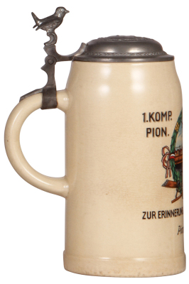 Third Reich stein, 1.0L, pottery, 1. Komp. Pion. Batl. 45, Neu Ulm, 1935, owner's name, relief pewter lid with helmet with swastika, very good repair of small pewter tear. A DETAILED PHOTO OF THE BODY & THE LID IS AVAILABLE, PLEASE EMAIL YOUR REQUEST. - 3