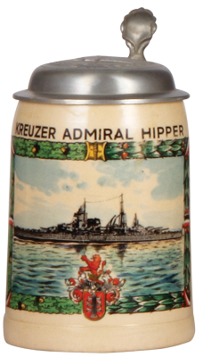 Third Reich stein, .5L, pottery, Kreuzer Admiral Hipper, pewter lid with relief helmet with swastika, repaired 1" hairline at the top rim. A DETAILED PHOTO OF THE BODY & THE LID IS AVAILABLE, PLEASE EMAIL YOUR REQUEST.