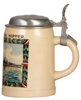 Third Reich stein, .5L, pottery, Kreuzer Admiral Hipper, pewter lid with relief helmet with swastika, repaired 1" hairline at the top rim. A DETAILED PHOTO OF THE BODY & THE LID IS AVAILABLE, PLEASE EMAIL YOUR REQUEST. - 2