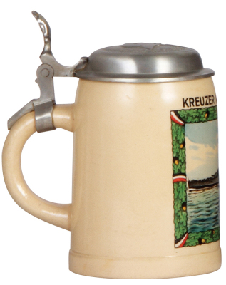 Third Reich stein, .5L, pottery, Kreuzer Admiral Hipper, pewter lid with relief helmet with swastika, repaired 1" hairline at the top rim. A DETAILED PHOTO OF THE BODY & THE LID IS AVAILABLE, PLEASE EMAIL YOUR REQUEST. - 3