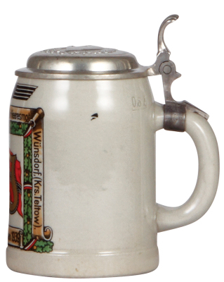Third Reich stein, .5L, stoneware, 2. Versuchs-Kompanie, Versuchs Abt. für Heeresmot., Wünsdorf [Krs. Teltow], 1939, pewter lid with relief helmet with swastika, rare, mint. A DETAILED PHOTO OF THE BODY & THE LID IS AVAILABLE, PLEASE EMAIL YOUR REQUEST. - 2