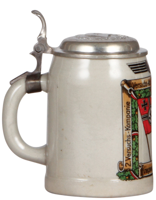 Third Reich stein, .5L, stoneware, 2. Versuchs-Kompanie, Versuchs Abt. für Heeresmot., Wünsdorf [Krs. Teltow], 1939, pewter lid with relief helmet with swastika, rare, mint. A DETAILED PHOTO OF THE BODY & THE LID IS AVAILABLE, PLEASE EMAIL YOUR REQUEST. - 3