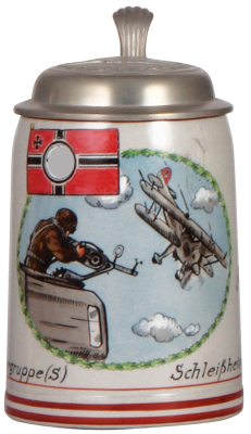 Third Reich stein, .5L, stoneware, Fliegergruppe [S] Schleissheim Staffel 4, owner's name, pewter lid with relief helmet with swastika, mint. A DETAILED PHOTO OF THE BODY & THE LID IS AVAILABLE, PLEASE EMAIL YOUR REQUEST.
