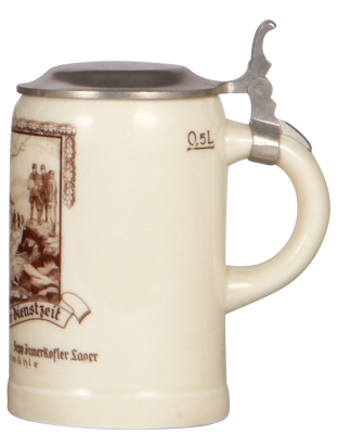 Third Reich stein, .5L, porcelain, Arbeitsdienst 6/305, Sepp Innerkoster Lager, Pfeiffermühle, pewter lid, rare, mint. A DETAILED PHOTO OF THE BODY & THE LID IS AVAILABLE, PLEASE EMAIL YOUR REQUEST. - 2