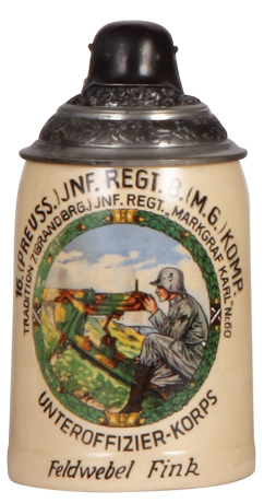 Third Reich stein, .5L, pottery, 8. [M.G.] Komp., I.R. 16, Unteroffizier Korps, named to: Feldwebel Fink, center scene with Maxim M.G. 08 on sled mount, figural pewter lid with helmet & swastika, mint. From the collection of Robert Segel, author of: The H