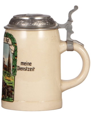 Third Reich stein, .5L, stoneware, 4. [M.G.] Komp., I.R. 40, [Augsburg], center scene MG 34 machine gun, relief pewter lid with helmet & swastika, mint. From the collection of Robert Segel, author of: The Handbook of Machine Gun Support Equipment and Acce - 2