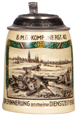 Third Reich stein, .5L, pottery, 8. [M.G.] Komp., I.R. 40, 1936 - 1938, center scene with Maxim M.G. 08, relief pewter lid with helmet & swastika, mint. From the collection of Robert Segel, author of: The Handbook of Machine Gun Support Equipment and Acce