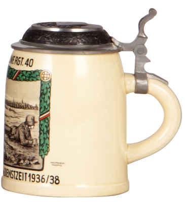 Third Reich stein, .5L, pottery, 8. [M.G.] Komp., I.R. 40, 1936 - 1938, center scene with Maxim M.G. 08, relief pewter lid with helmet & swastika, mint. From the collection of Robert Segel, author of: The Handbook of Machine Gun Support Equipment and Acce - 2