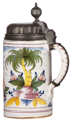 Faience stein, 10.7'' ht., late 1700s, Walzenkrug, marked M, pewter lid, dated 1776, pewter lid, dated 1776, pewter tear repaired, tight hairline on base and lower front of body. - 2