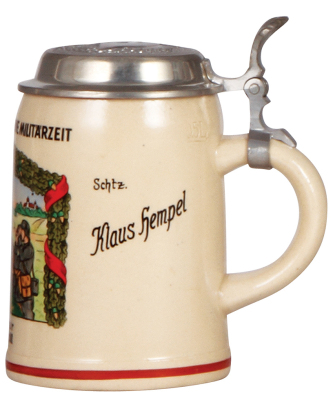 Third Reich stein, .5L, pottery, 2. I.E./Inft. Regt. 80, Montabaur, named to: Schtz. Klaus Hempel, center scene with MG13 machine gun on bi-pod, relief pewter lid with helmet & swastika, mint. From the collection of Robert Segel, author of: The Handbook o - 2
