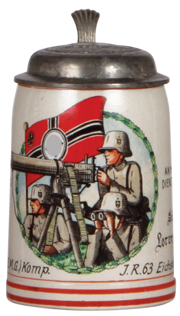 Third Reich stein, .5L, stoneware, 17. [E.M.G.] Komp., I.R. 63, Eichstätt, named to: Schutze Lorenz Deibler, center scene with Maxim M.G. 08 on sled mount, relief pewter lid with helmet & swastika, mint. From the collection of Robert Segel, author of: The