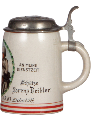 Third Reich stein, .5L, stoneware, 17. [E.M.G.] Komp., I.R. 63, Eichstätt, named to: Schutze Lorenz Deibler, center scene with Maxim M.G. 08 on sled mount, relief pewter lid with helmet & swastika, mint. From the collection of Robert Segel, author of: The - 2