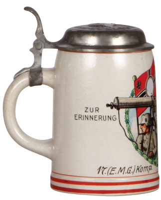 Third Reich stein, .5L, stoneware, 17. [E.M.G.] Komp., I.R. 63, Eichstätt, named to: Schutze Lorenz Deibler, center scene with Maxim M.G. 08 on sled mount, relief pewter lid with helmet & swastika, mint. From the collection of Robert Segel, author of: The - 3