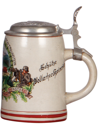 Third Reich stein, .5L, stoneware, 12. [M.G.] Komp., I.R. 61, Traunstein, named to: Schütze Heinrich Sollacher, side scene with Maxim M.G. 08, relief pewter lid with helmet & swastika, mint. From the collection of Robert Segel, author of: The Handbook of - 2