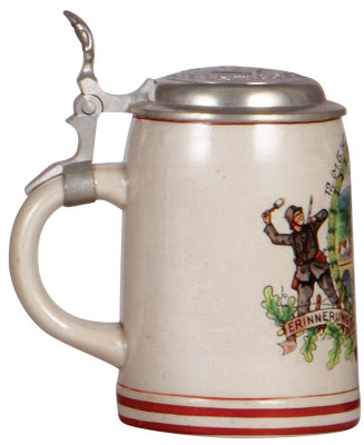 Third Reich stein, .5L, stoneware, 12. [M.G.] Komp., I.R. 61, Traunstein, named to: Schütze Heinrich Sollacher, side scene with Maxim M.G. 08, relief pewter lid with helmet & swastika, mint. From the collection of Robert Segel, author of: The Handbook of - 3