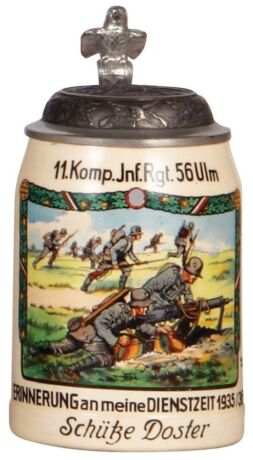 Third Reich stein, .5L, pottery, 11. Komp., Inft. Regt. 56, Ulm, 1935 - 1936, roster, named to: Schütze Doster, center scene with Maxim M.G. 08/15, relief pewter lid with scene matching the front scene, mint. From the collection of Robert Segel, author of