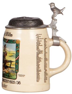 Third Reich stein, .5L, pottery, 11. Komp., Inft. Regt. 56, Ulm, 1935 - 1936, roster, named to: Schütze Doster, center scene with Maxim M.G. 08/15, relief pewter lid with scene matching the front scene, mint. From the collection of Robert Segel, author of - 2