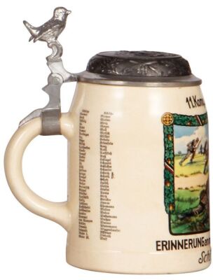 Third Reich stein, .5L, pottery, 11. Komp., Inft. Regt. 56, Ulm, 1935 - 1936, roster, named to: Schütze Doster, center scene with Maxim M.G. 08/15, relief pewter lid with scene matching the front scene, mint. From the collection of Robert Segel, author of - 3