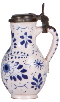 Faience stein, 4.8'' ht., mid 1700s, Hanauer Birnkrug, pewter lid, rare small size, excellent condition. - 2