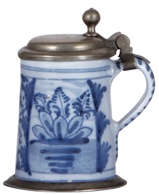 Faience stein, 5.4'' ht., late 1700s, Nürnberger Walzenkrug, pewter lid & footring, very good repair of small rim chips. - 2