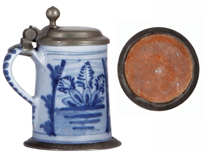 Faience stein, 5.4'' ht., late 1700s, Nürnberger Walzenkrug, pewter lid & footring, very good repair of small rim chips. - 3